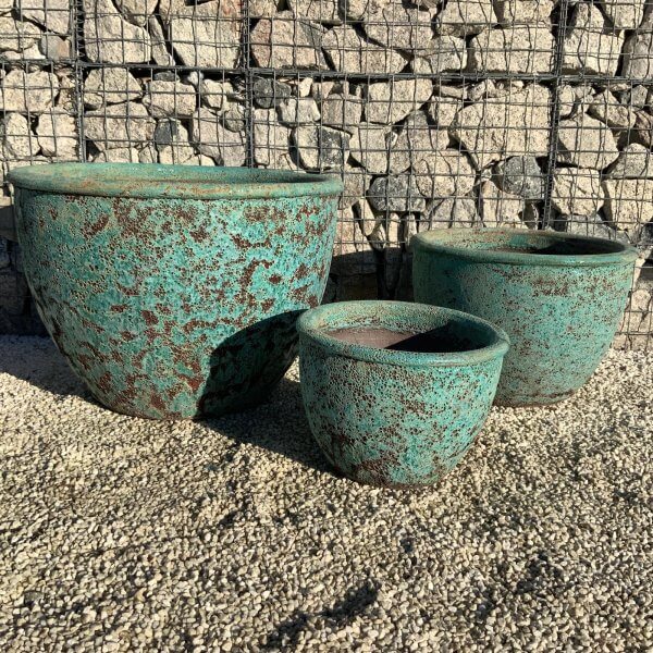 The Tam Coc Glazed Shades Of Ocean Green Plant Pots Set Of 3 - PL1